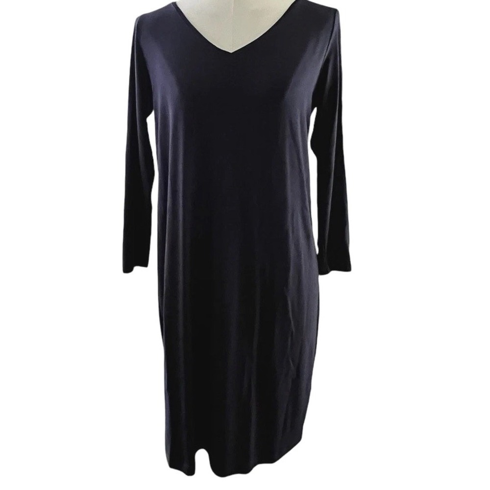 Eileen‎ Fisher Navy Jersey Knit Shift Dress V Neck Long Sleeve XS/TP